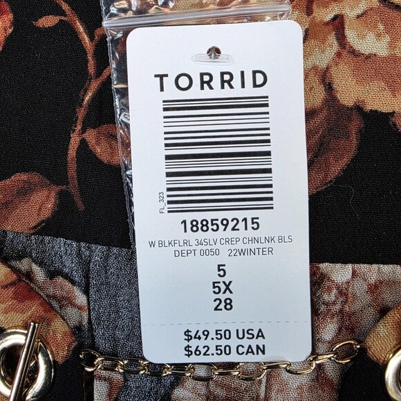 Torrid Blouse Womens 5X Black Floral Crepe 3/4 Sleeve Chainlink Keyhole 18859215 - Picture 2 of 11